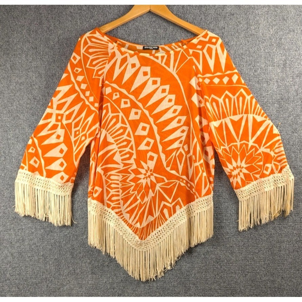 Cha Cha Vente Women's Orange White Geometric Fringe Poncho Blouse Top Boho Small